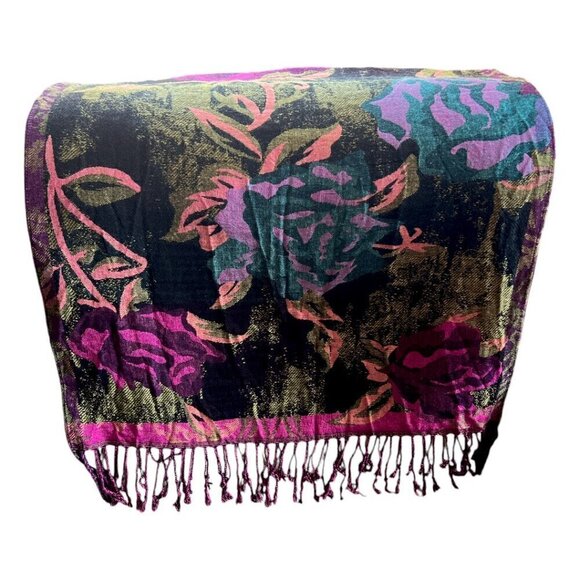 Large Black & Vibrant Jewel Toned Wrap Scarf Floral Patterned with Fringe - Picture 4 of 10